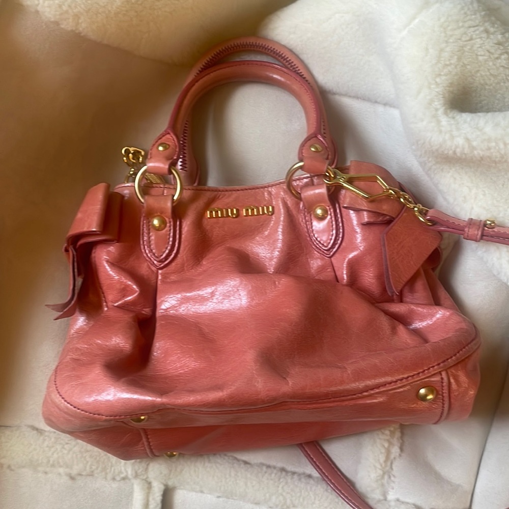 Miu Miu Bow Bag in Pink Vitello Lux Top Handle Cross Body Satchel Barbiecore